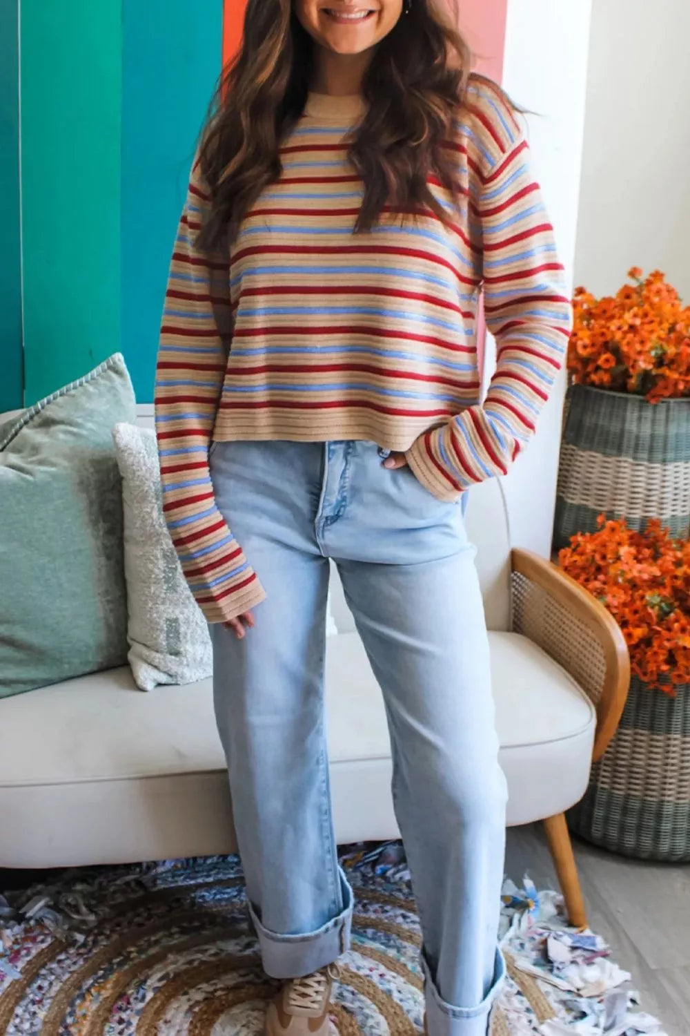 Striped Long Sleeve Round Neck Sweater