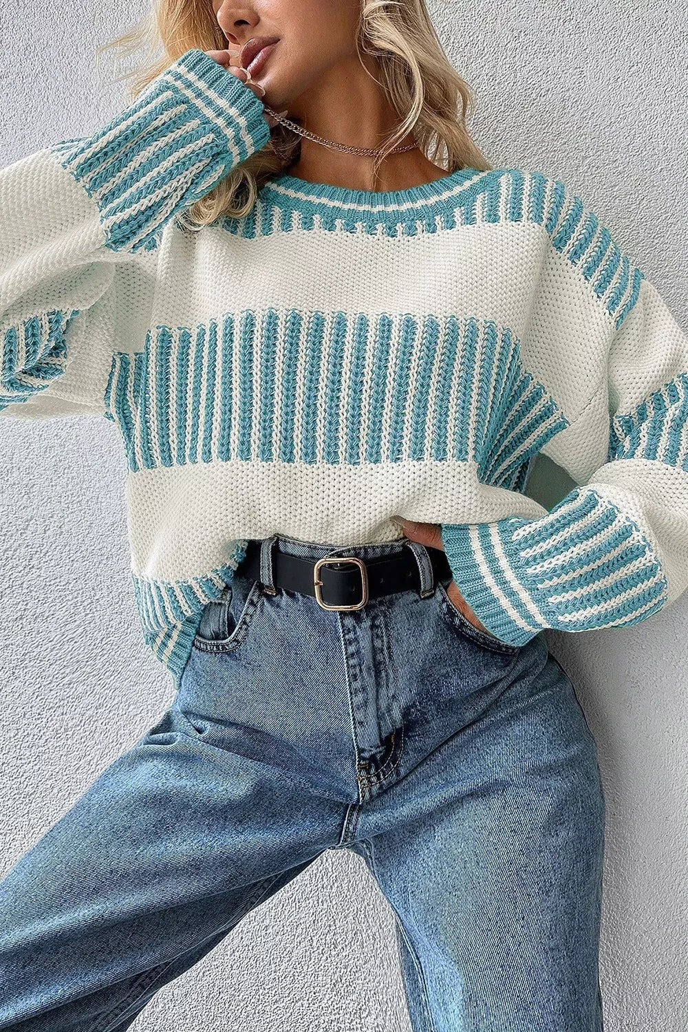 Two Tone Striped Patchwork Drop Shoulder Loose Sweater